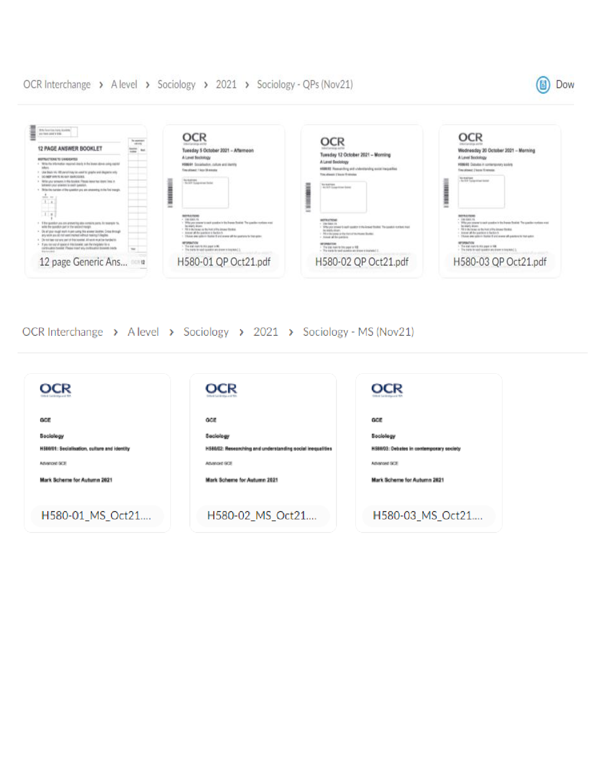 Preview image for Interchange A Level Advanced GCE. SOCIOLOGY Question Papers and Mark Schemes October 2021 ( BUNDLE Contains 9 PDF File Downloads).